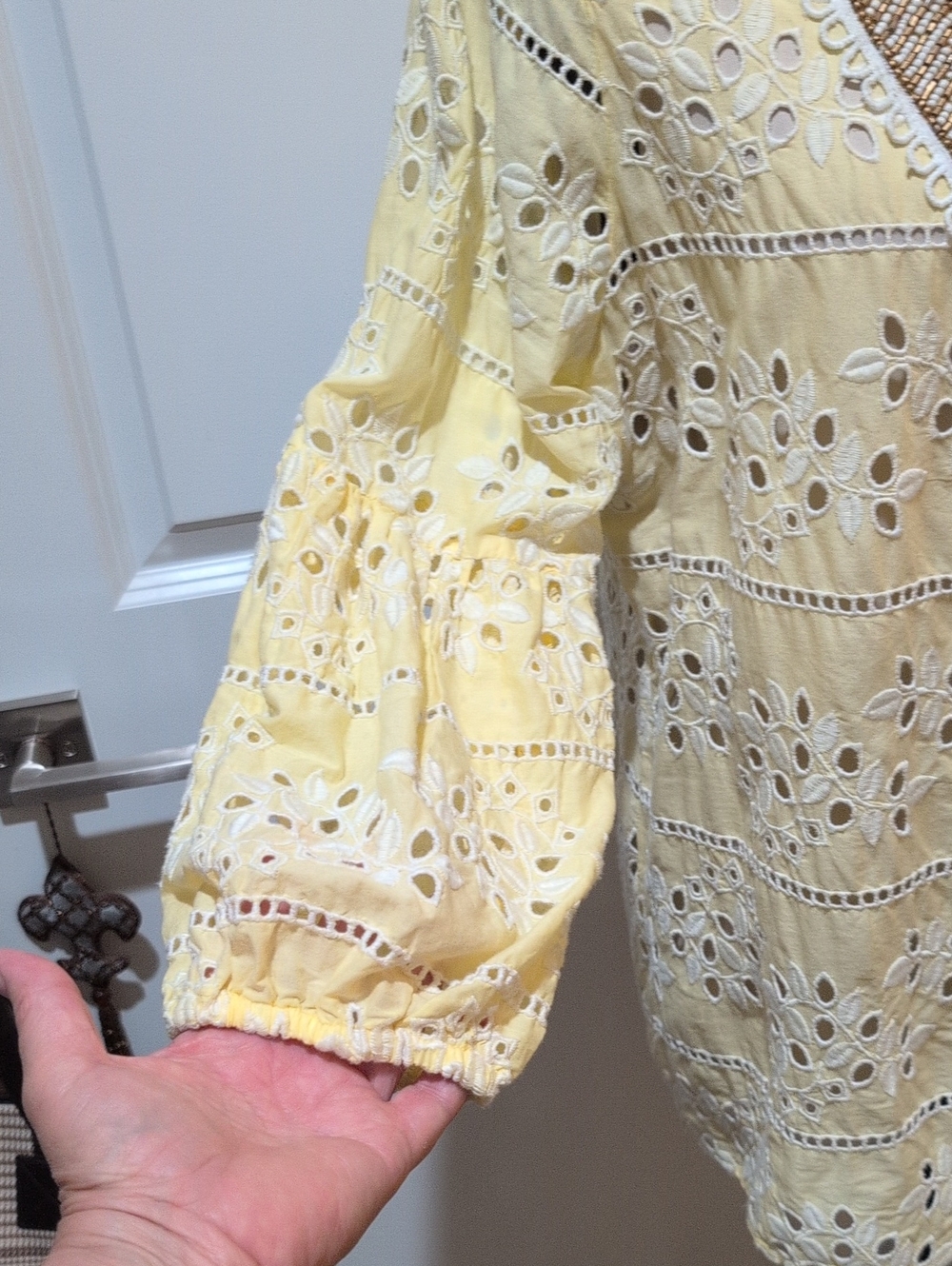 Like New Yellow Embroidered Yellow Eyelet V-Neck Women's Top W Beaded Neckline - Picture 3 of 7